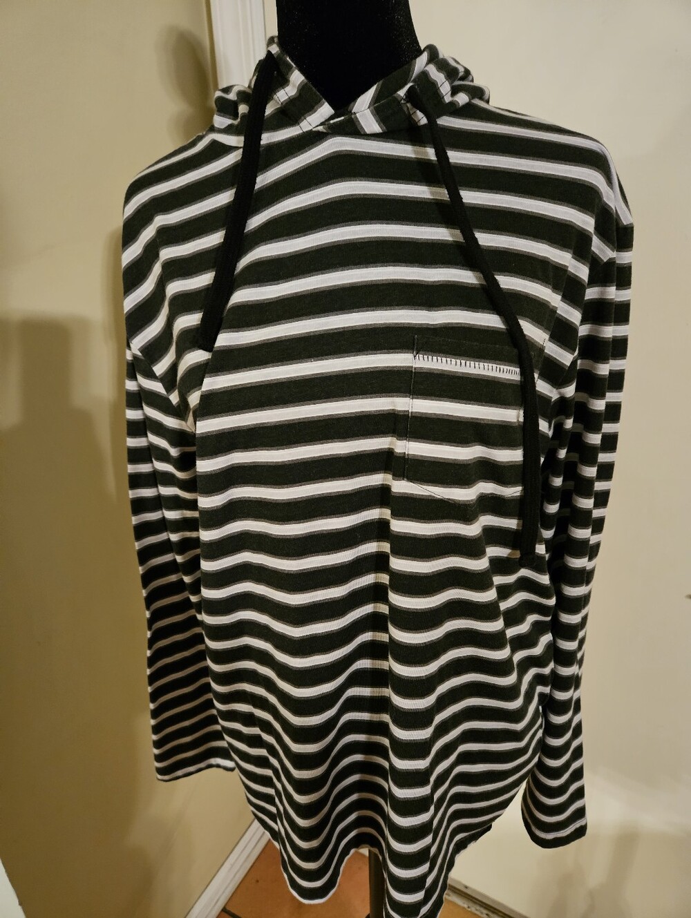 RSQ Striped Pullover Hoodie Small S Olive Green White Drawstring Pocket